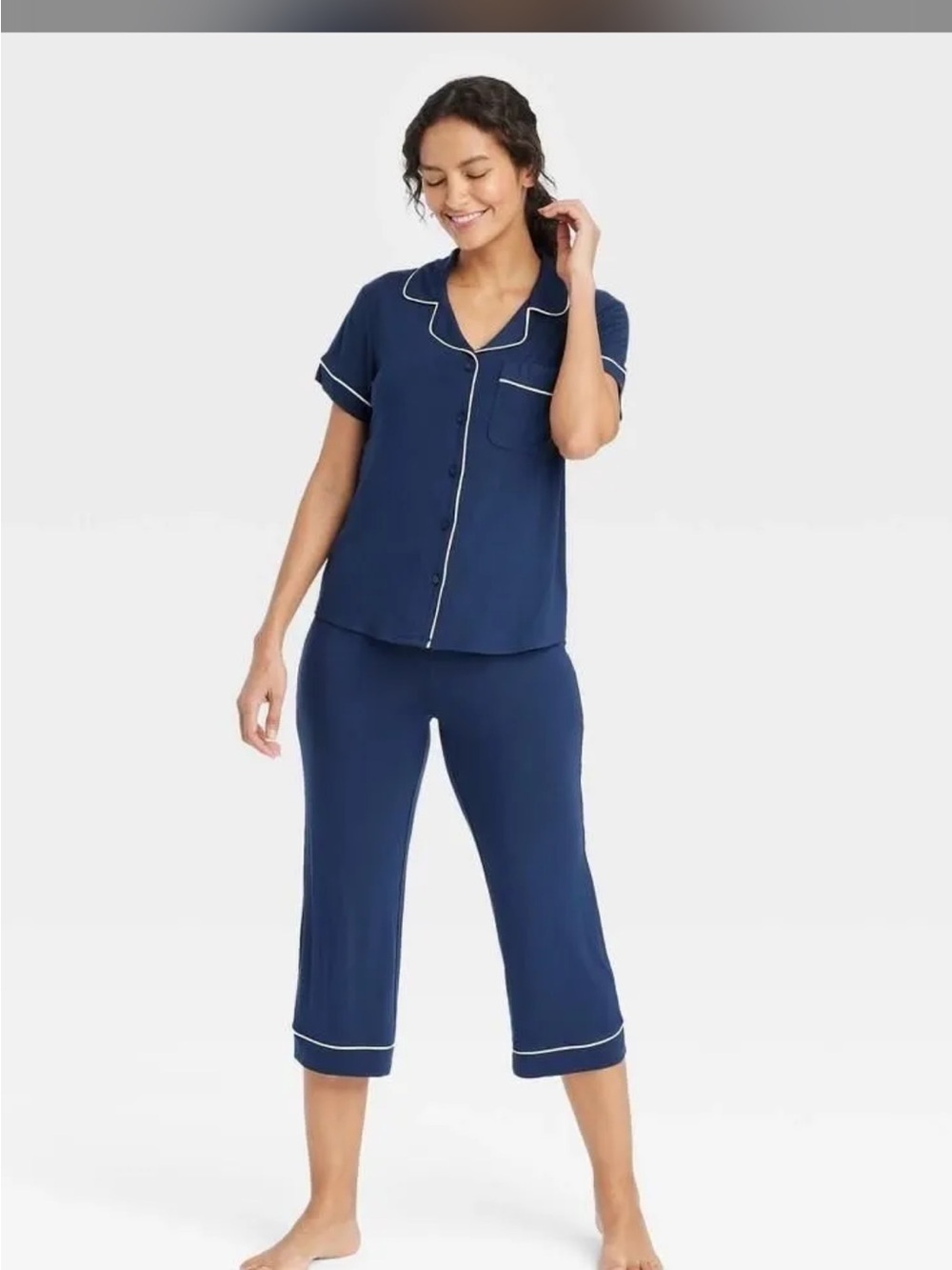 NEW Auden Navy Pajama Set with White Piping